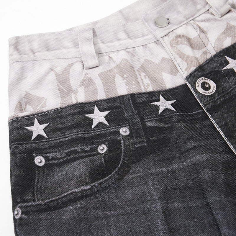 Wide-Leg Distressed Jeans with Faux Double Waistband & Star Detail
