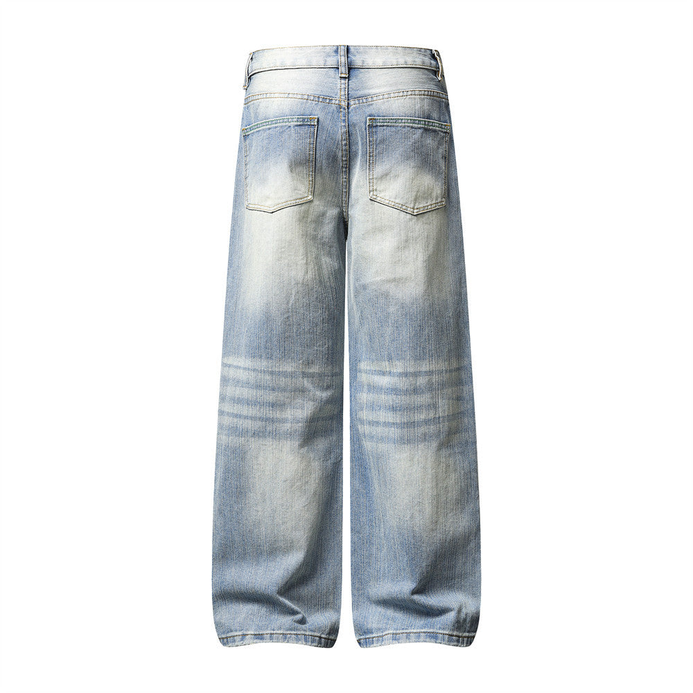 Wide-Leg Baggy Jeans – Men's Light Blue Vintage Washed Straight Denim