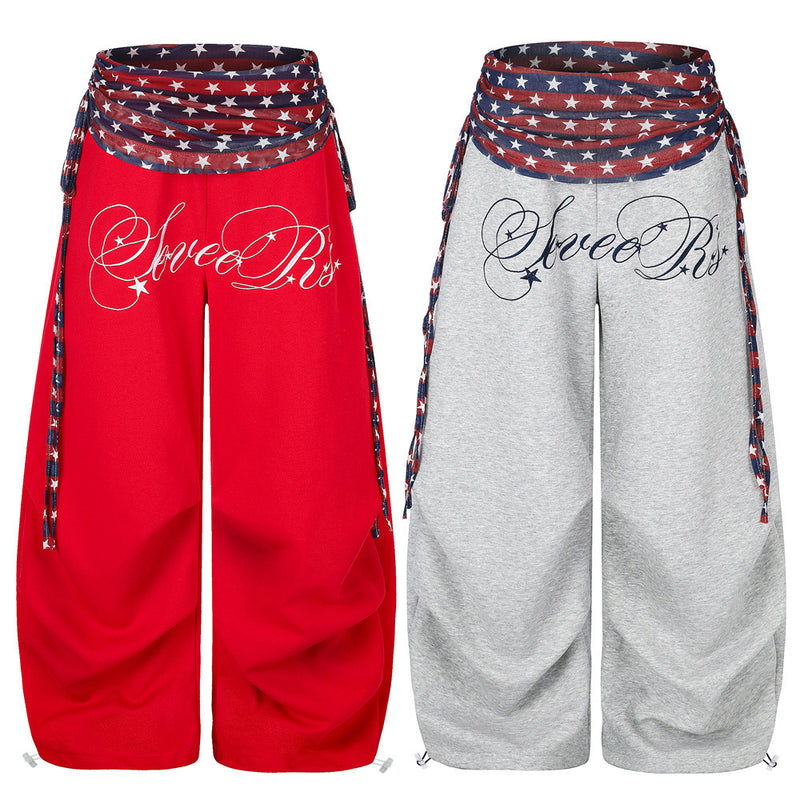 Wide-Leg Star & Stripe Waistband Pants with Side Drawstring Detail