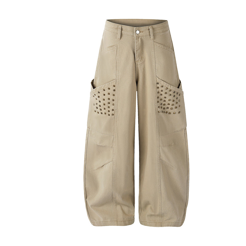 Studded Wide-Leg Cargo Pants with Oversized Pockets