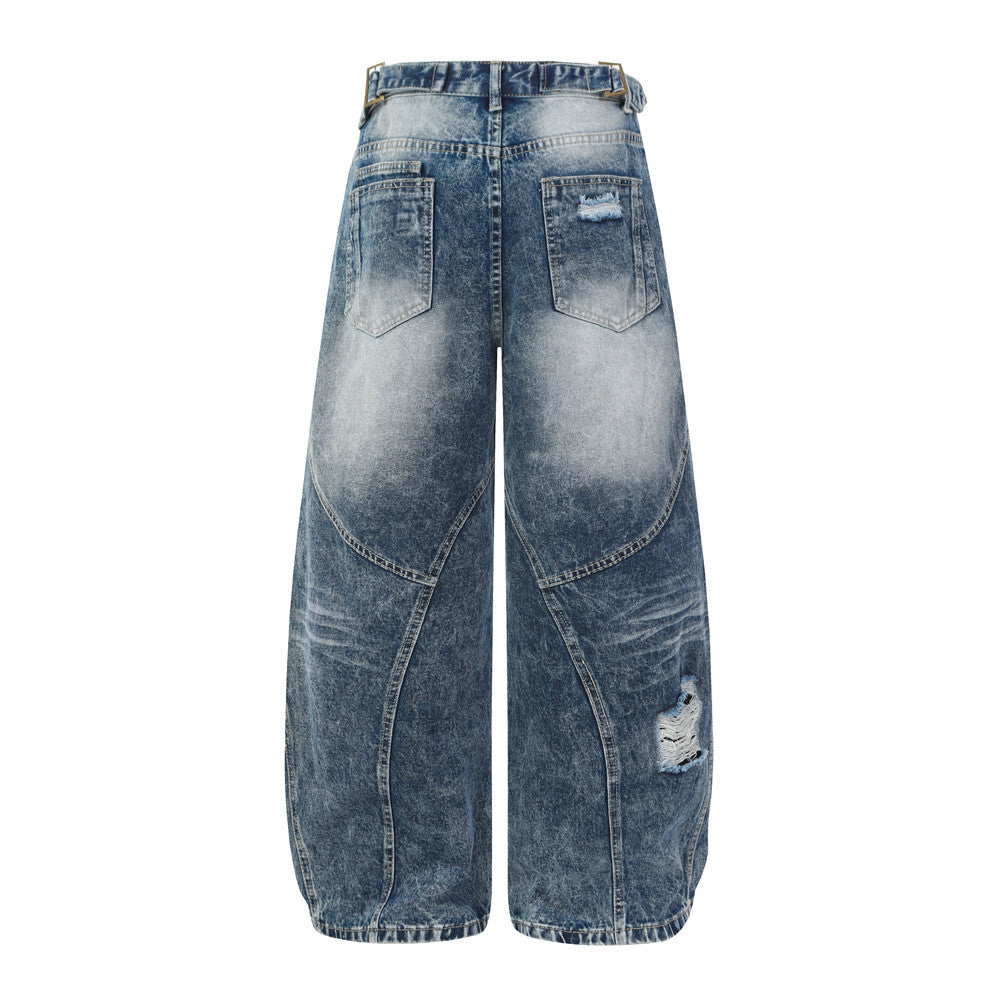 Gradient Washed Ripped Wide-Leg Jeans – Baggy Patchwork Dad Pants