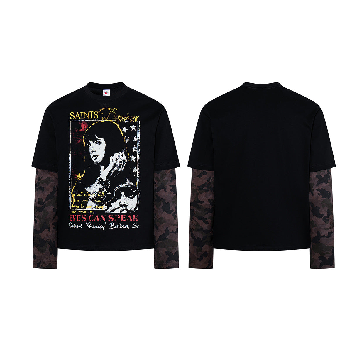 Saints Desires Rock Graphic Layered Long-Sleeve T-Shirt – Black with Camo