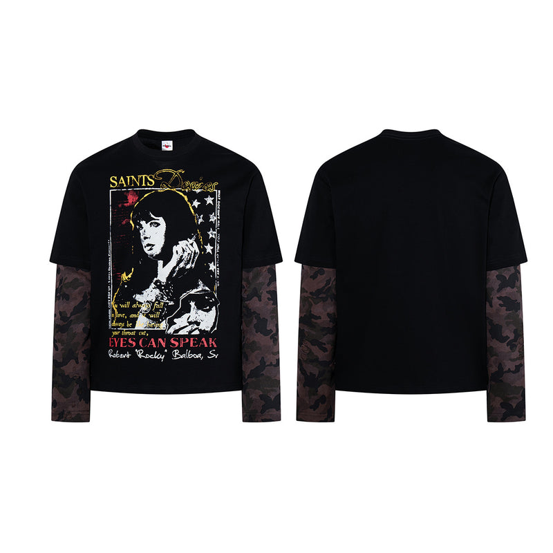 Saints Desires Rock Graphic Layered Long-Sleeve T-Shirt – Black with Camo
