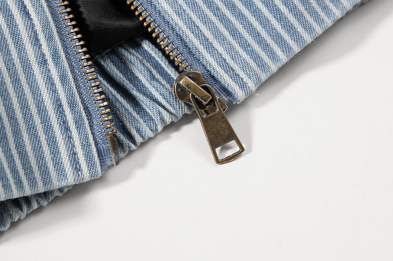 Striped Denim Bomber Jacket Stand Collar Embroidered Retro Boxy Fit