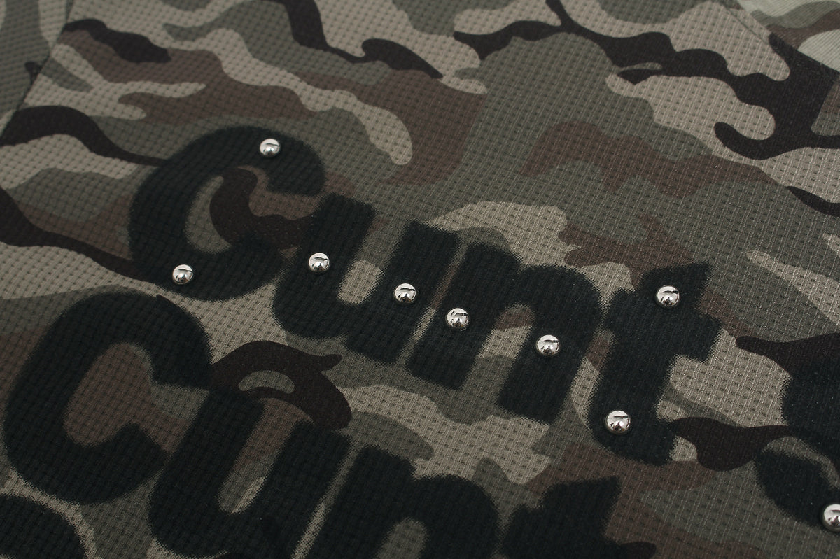 Camo Long Sleeve Waffle Shirt with Studded Graphic Print