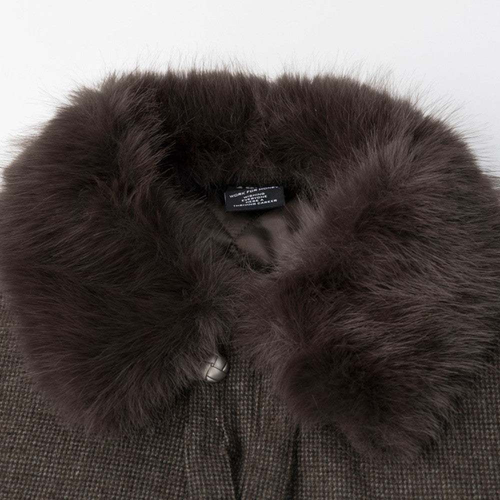 Men's Fur Collar Bomber Jacket – Houndstooth Wool-Blend with Cargo Pockets
