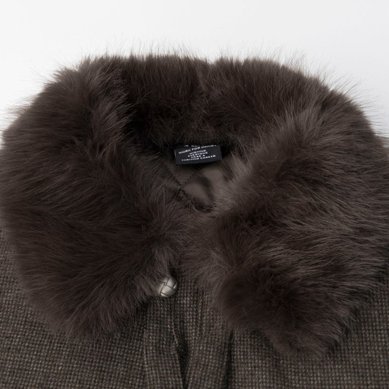 Men's Fur Collar Bomber Jacket – Houndstooth Wool-Blend with Cargo Pockets