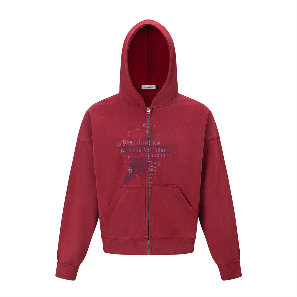 Men's Vintage Star Graphic Zip-Up Hoodie – Oversized American Retro Streetwear