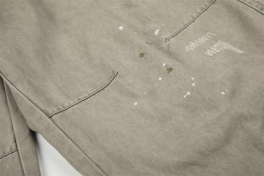 Pantalon cargo wide leg – Kaki délavé, éclaboussures de peinture et chaîne métallique