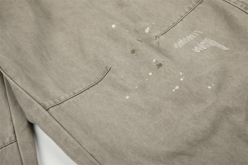Pantalon cargo wide leg – Kaki délavé, éclaboussures de peinture et chaîne métallique