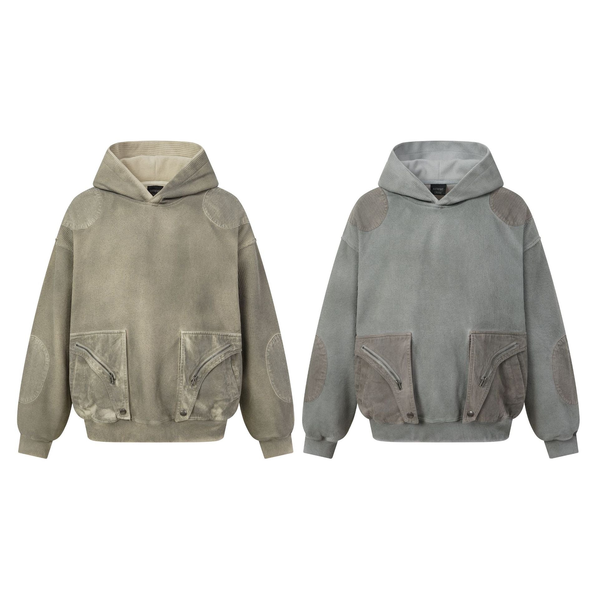 Oversized-Waffelstrick-Hoodie mit dekonstruierter Utility-Reißverschlusstaschen-Optik & Veloursleder