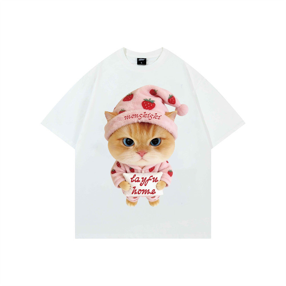 Cute Cat Graphic T-Shirt – Short Sleeve Oversized Cotton Tee