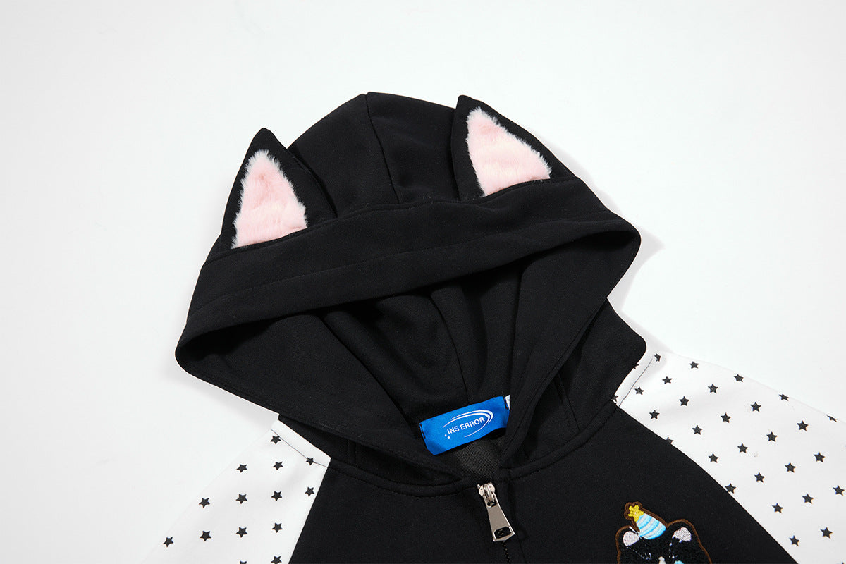 Hoodie zippé à oreilles de chat avec manches raglan étoilées et poches-pattes