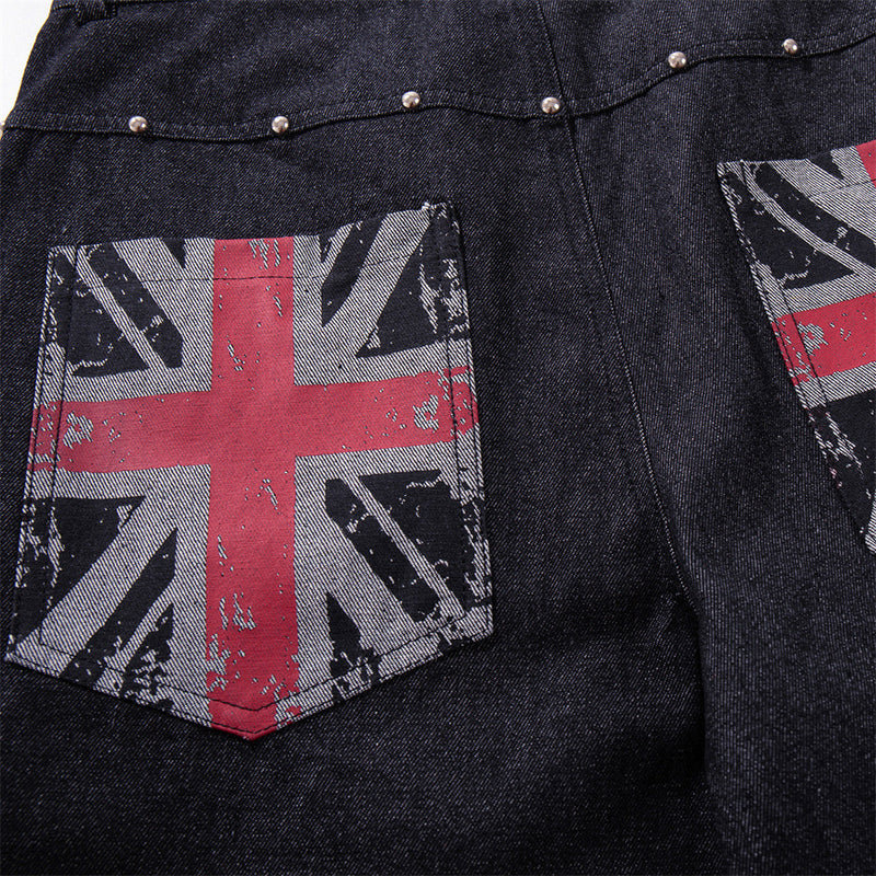 Wide-Leg Denim Jeans with Union Jack Print & Button Fly