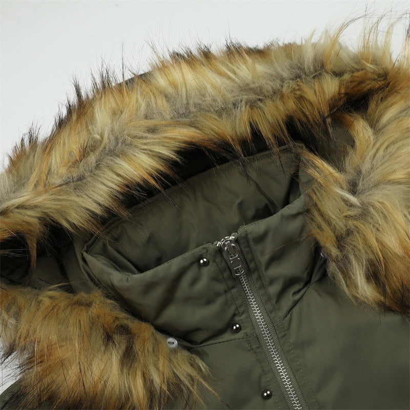 Men's Hooded Bomber Jacket with Detachable Fur-Trim Hood & Military Button