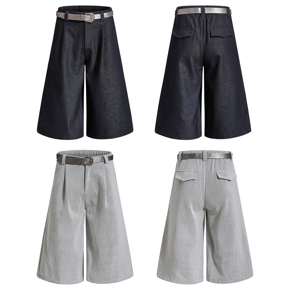 Wide-Leg Pleated Cropped Shorts with Belt – Men's Relaxed Fit