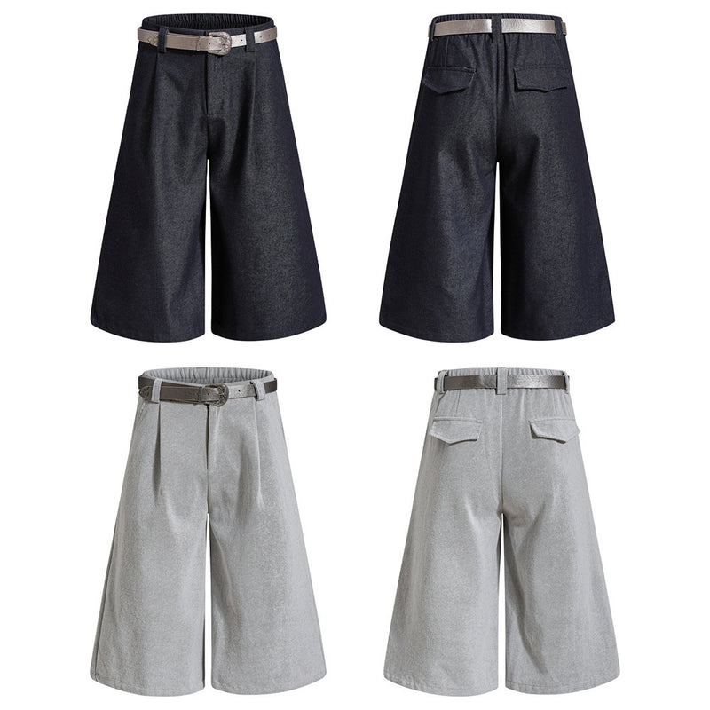 Wide-Leg Pleated Cropped Shorts with Belt – Men's Relaxed Fit