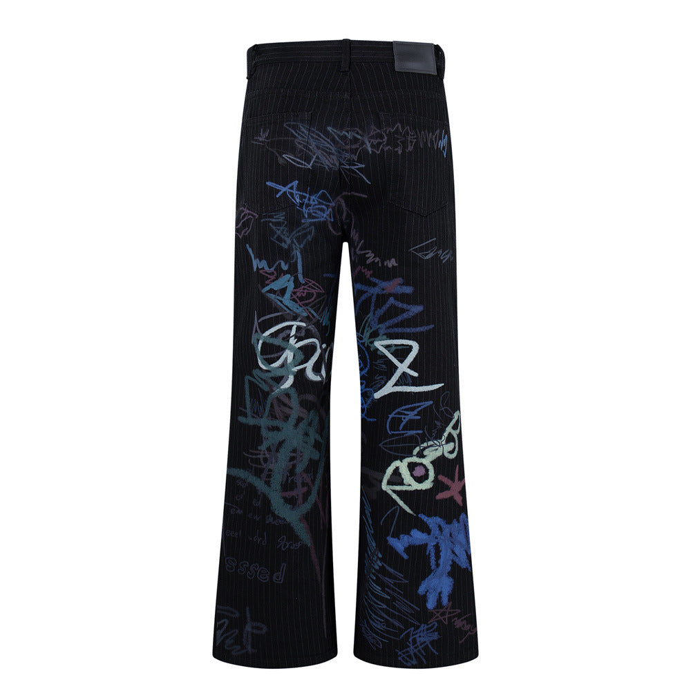 Graffiti Print Pinstripe Wide-Leg Jeans – Relaxed Straight Fit