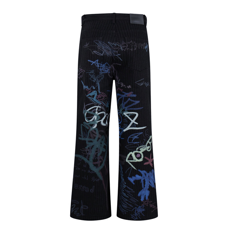Graffiti Print Pinstripe Wide-Leg Jeans – Relaxed Straight Fit