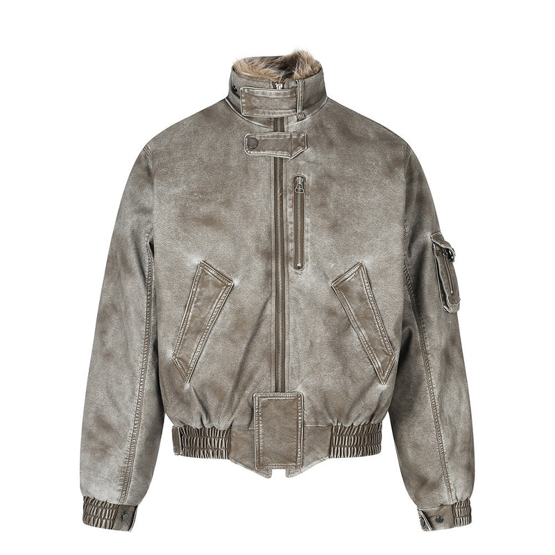 Men's Distressed Bomber Jacket with Faux Fur Collar – Padded Stand-Collar