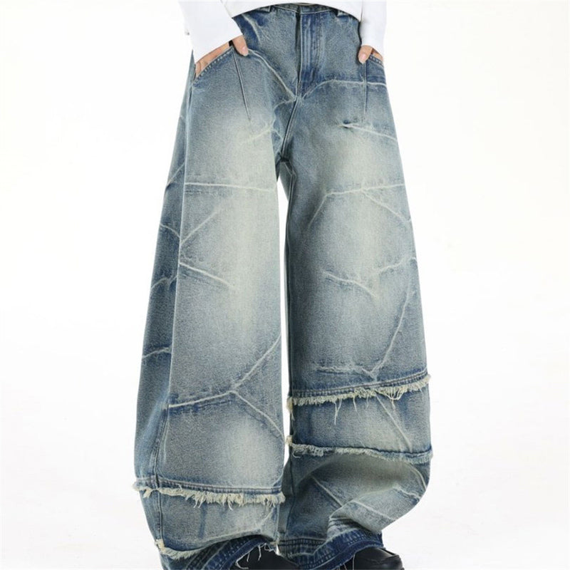 Loose Fit Baggy Jeans Men – Distressed Patchwork Wide-Leg Denim with Raw-Edge