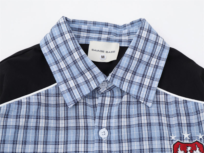 Plaid Long Sleeve Shirt with Colorblock Black Shoulder Panel and Crest