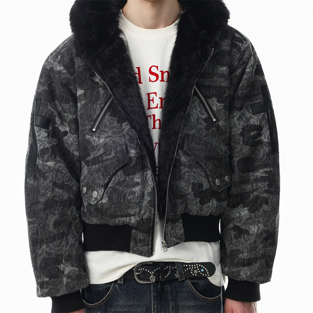 Rose Camo Bomber Jacket with Faux Fur Hood Collar and Cross Back Patch
