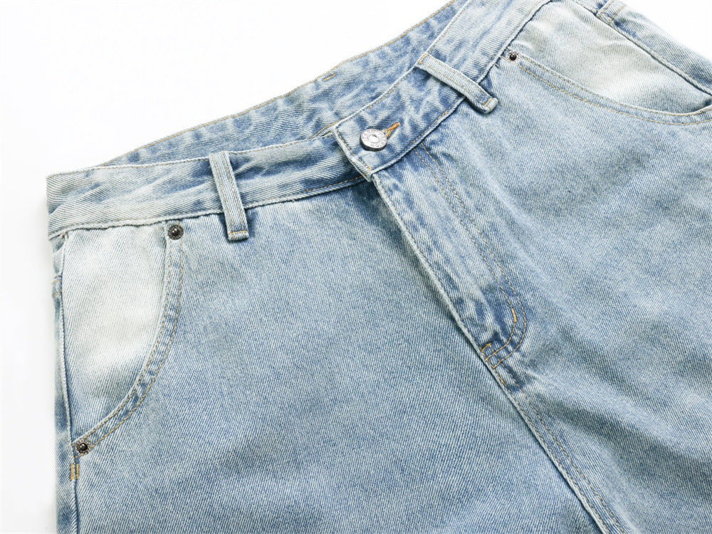 Wide-Leg Baggy Jeans – Men's Vintage Washed Light Blue Curved Hem Denim