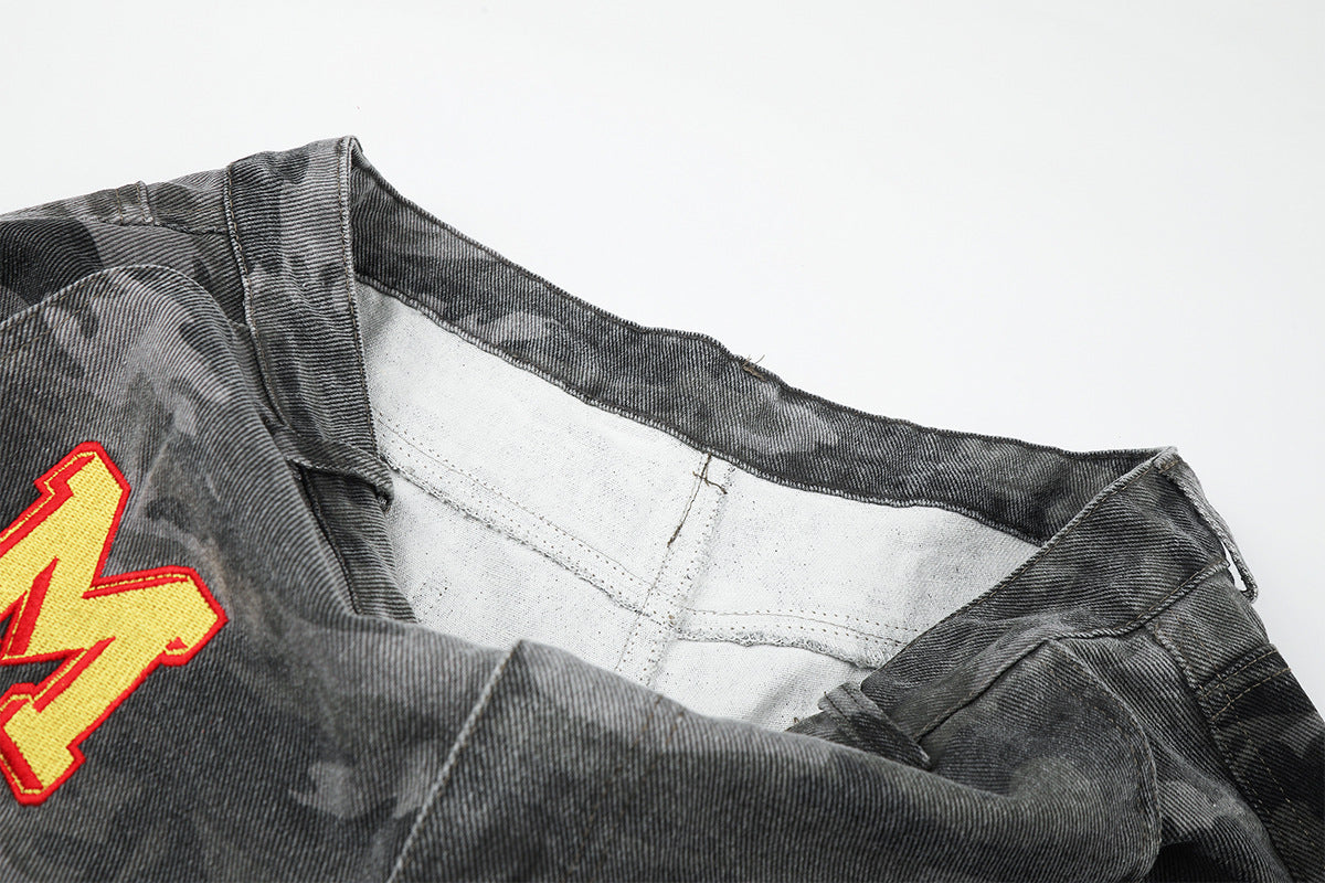 Camo Wide-Leg Cargo Denim Pants with Varsity Patches
