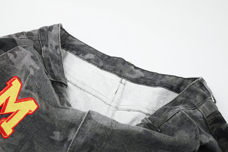 Camo Wide-Leg Cargo Denim Pants with Varsity Patches