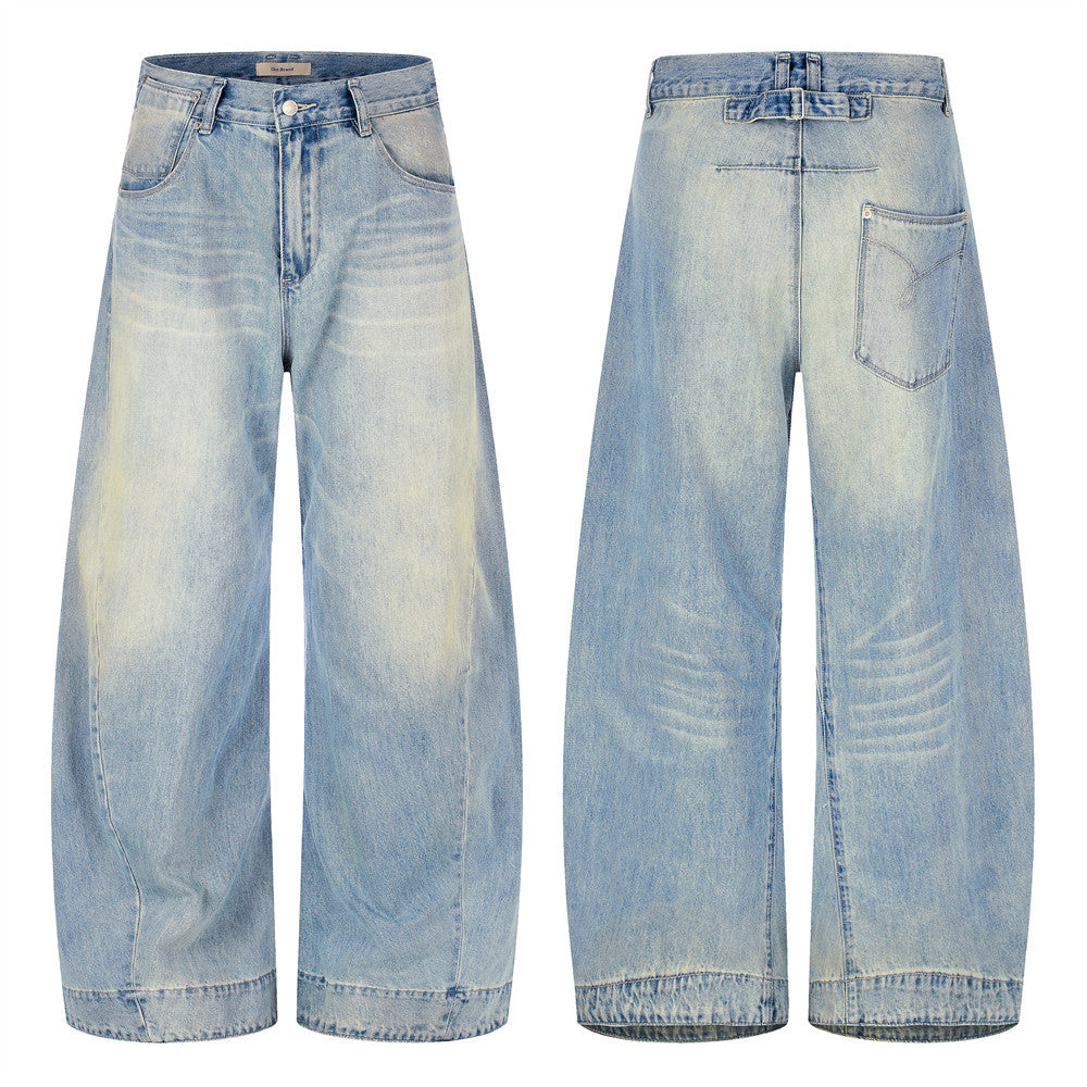 Barrel Leg Jeans Vintage Washed Wide-Leg Denim Pants with Pocket Detail