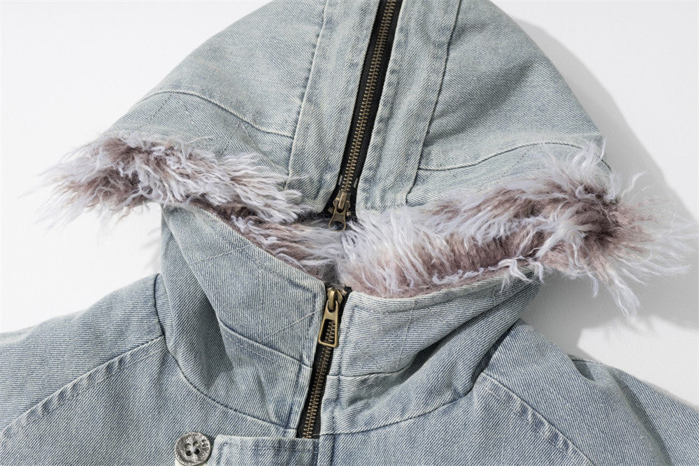 Washed Denim Hooded Bomber Jacket with Faux Fur Collar – Padded Winter Coat