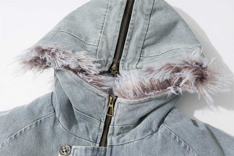 Washed Denim Hooded Bomber Jacket with Faux Fur Collar – Padded Winter Coat