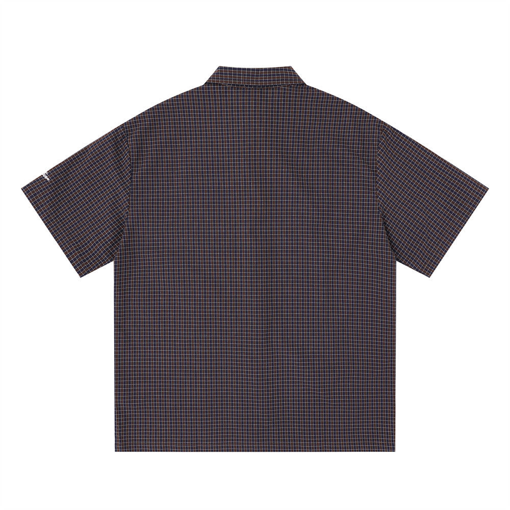 Plaid Short Sleeve Shirt with Pearl Studs – Oversized Hip Hop Streetwear