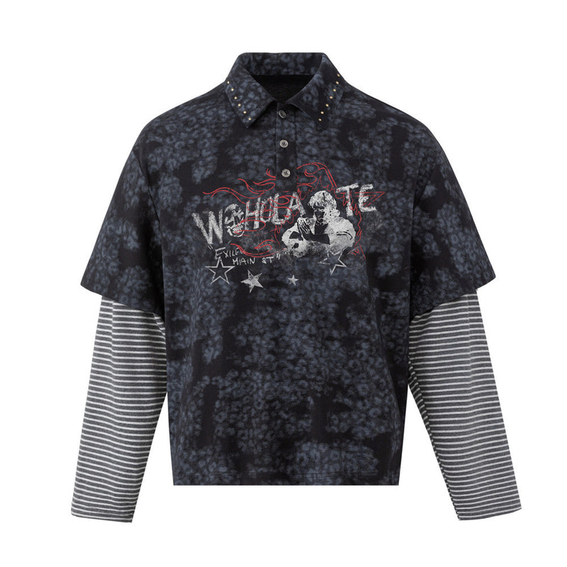 Flat front view of a dark mottled faux-layered polo shirt with striped sleeves, studded collar, and graphic chest print