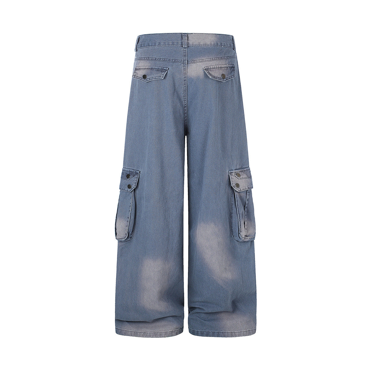 Wide-Leg Cargo Jeans – Washed Denim, Straight-Fit with Multi-Pocket Detail