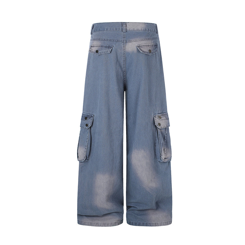 Wide-Leg Cargo Jeans – Washed Denim, Straight-Fit with Multi-Pocket Detail
