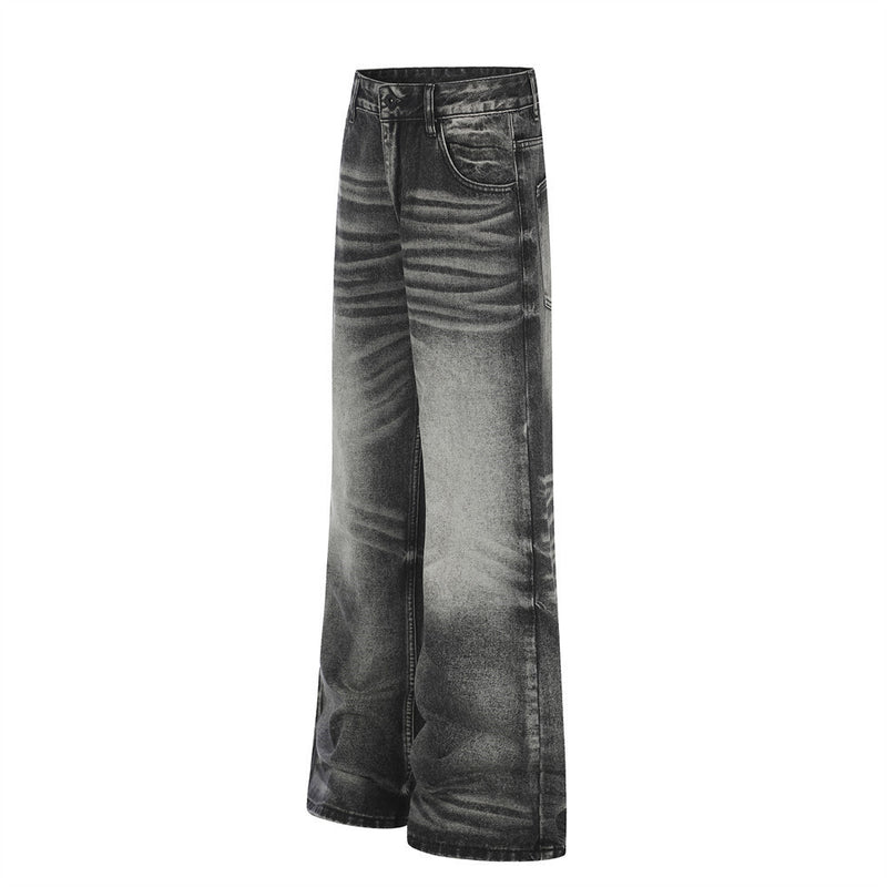 Wide-Leg Flare Jeans – Vintage Washed Black Distressed Denim with Crease Detail