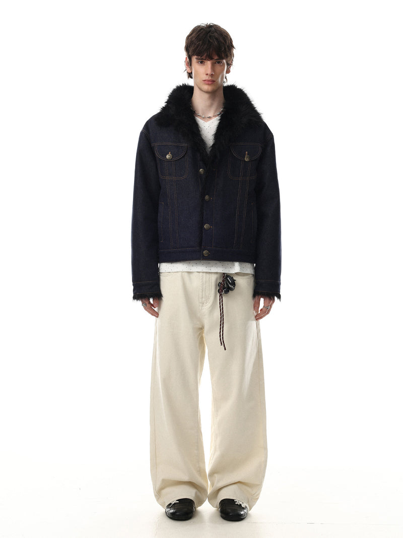 Dark Indigo Denim Jacket with Faux Fur Collar & Fleece Lining