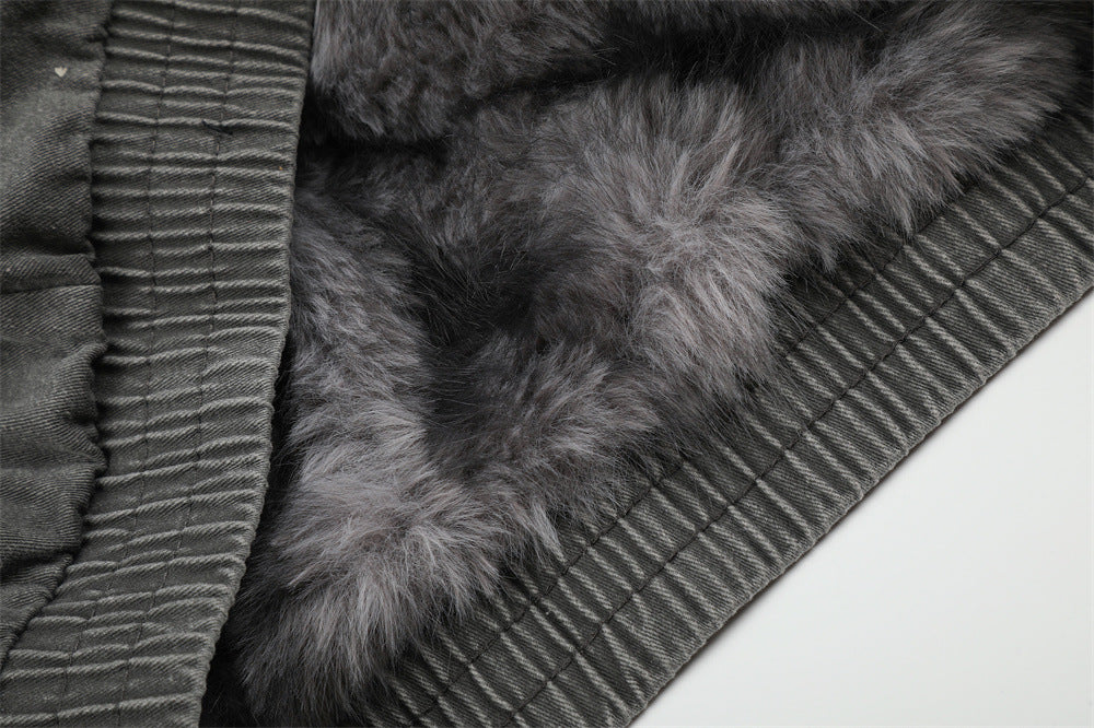 Men's Denim Jacket with Fur Lining – Washed Grey Bomber Jacket