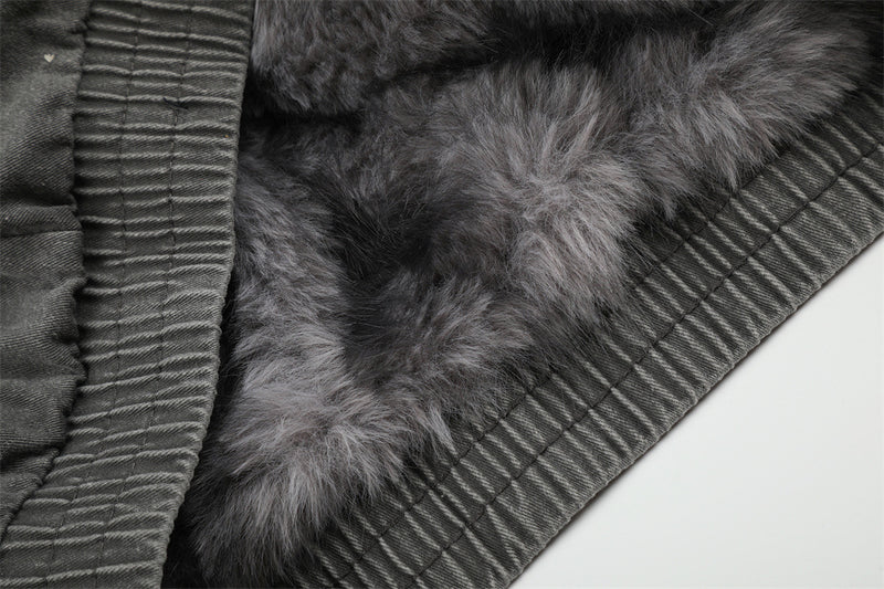 Men's Denim Jacket with Fur Lining – Washed Grey Bomber Jacket