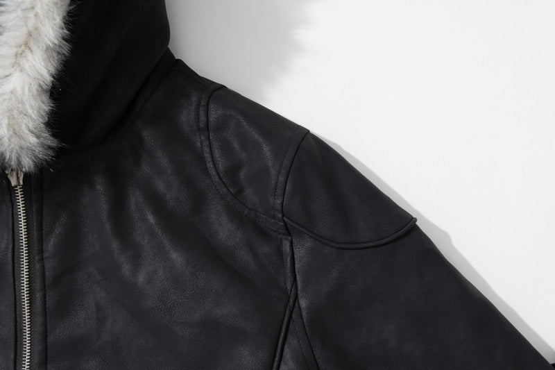 Black Faux Leather Hooded Bomber Jacket with Faux Fur Trim & Buckle Strap