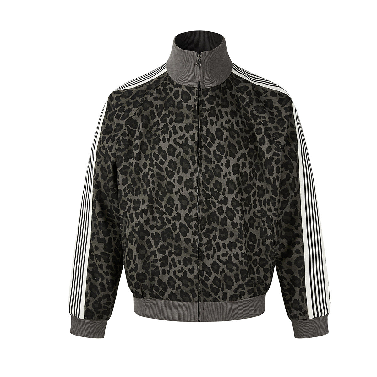 Leopard Print Track Jacket with Striped Sleeve Tape and Mock Neck Zip