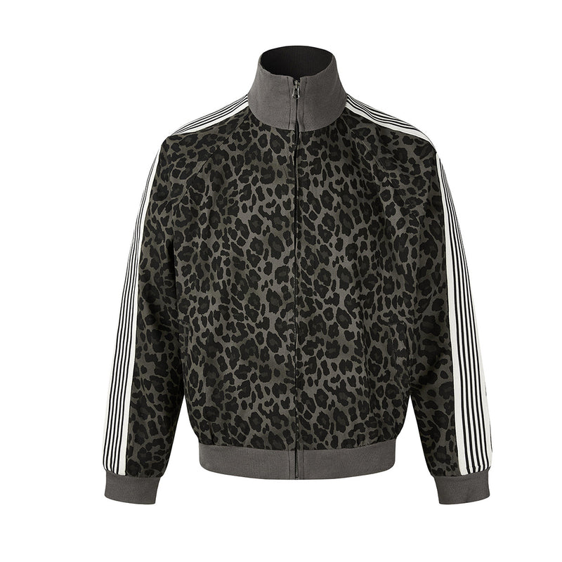 Leopard Print Track Jacket with Striped Sleeve Tape and Mock Neck Zip