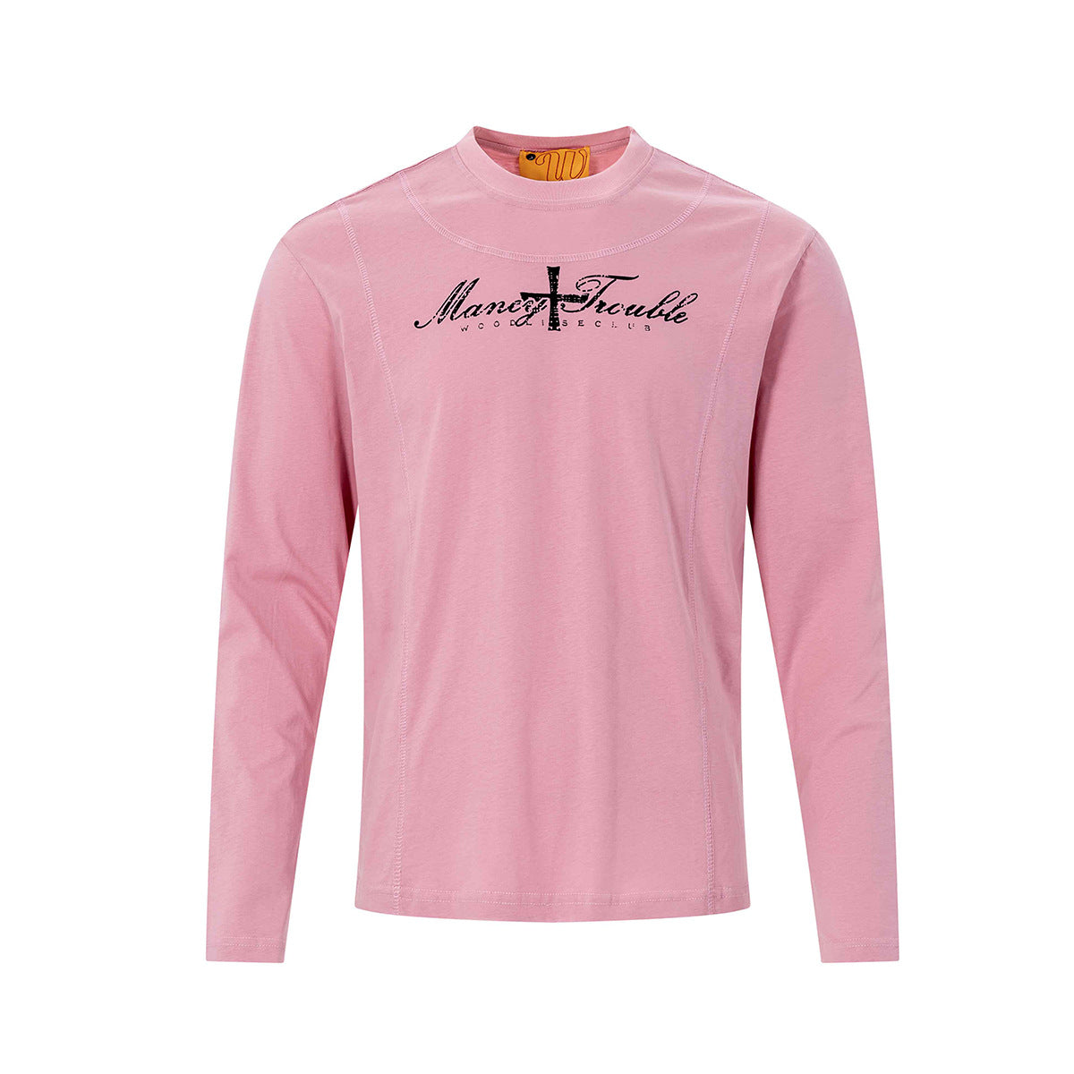 Langarmshirt mit Grafik und „Mancy Trouble“-Kreuzprint auf der Brust, Mock-Rundhalsausschnitt und Slim Fit, in Pink