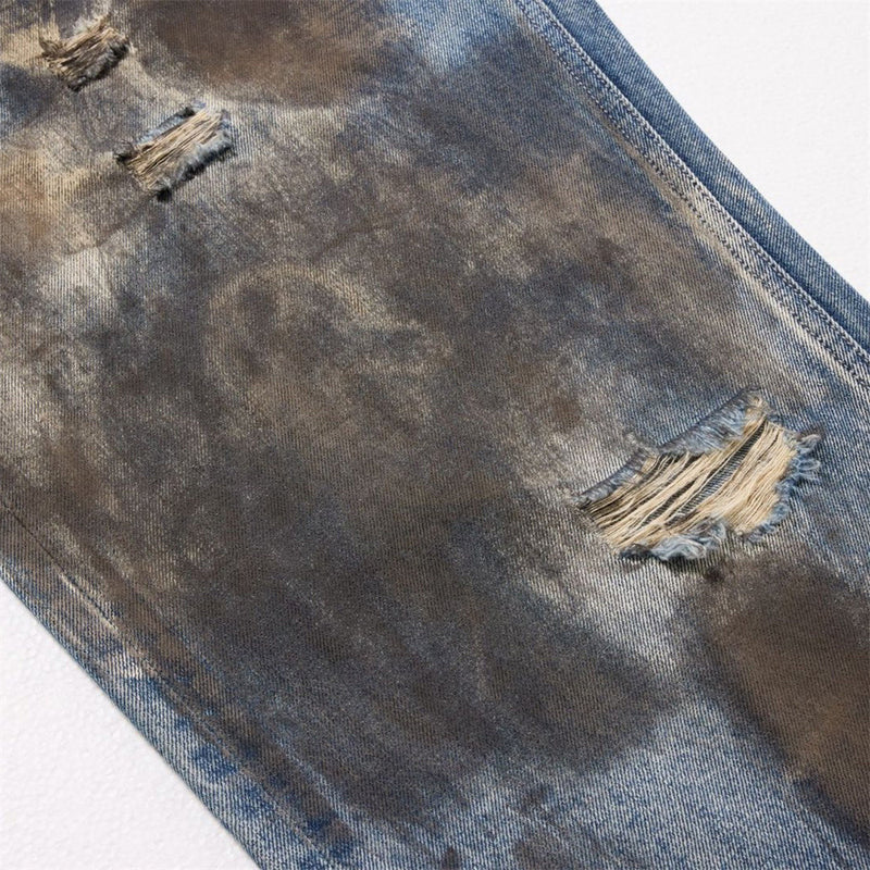 Wide-Leg Distressed Jeans – Dirty Wash Tie-Dye Ripped Denim, Relaxed Fit