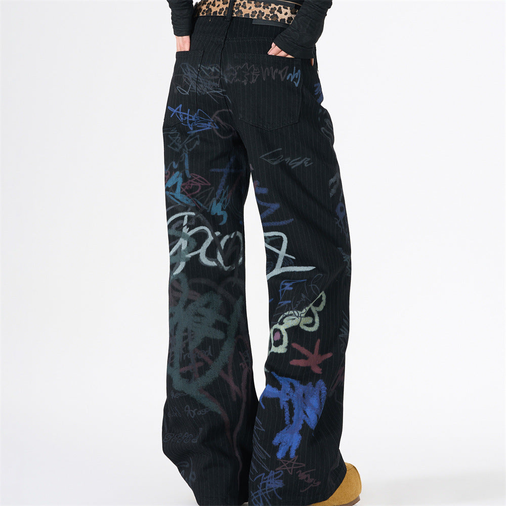 Graffiti Print Pinstripe Wide-Leg Jeans – Relaxed Straight Fit