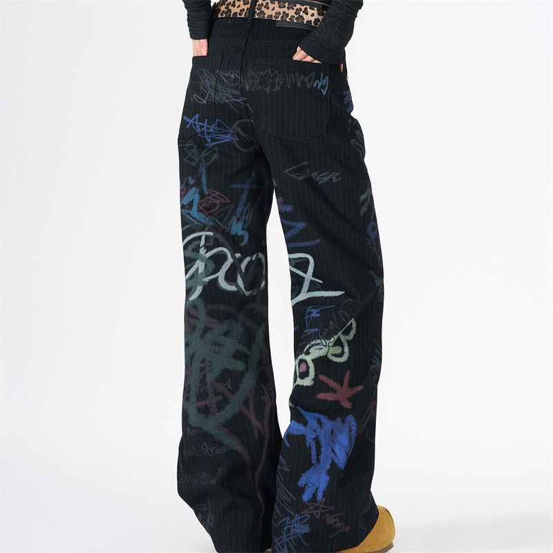 Graffiti Print Pinstripe Wide-Leg Jeans – Relaxed Straight Fit