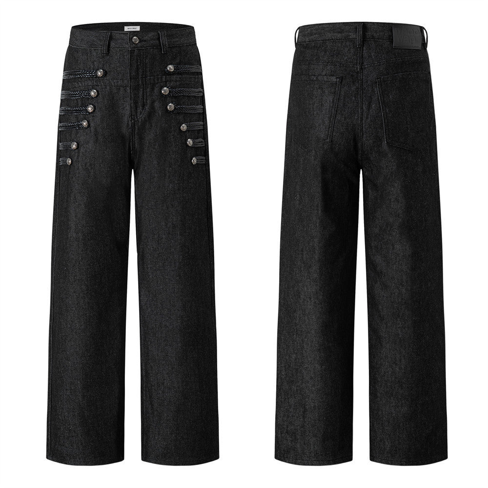 Men's Black Wide-Leg Jeans with Double-Breasted Buttons & Braided Detail