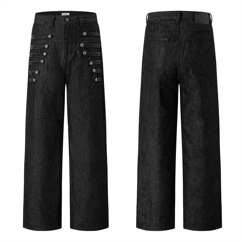 Men's Black Wide-Leg Jeans with Double-Breasted Buttons & Braided Detail